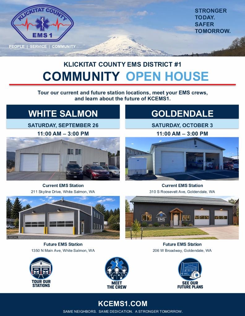 Open House flyer showing dates and times for White Salmon and Goldendale events